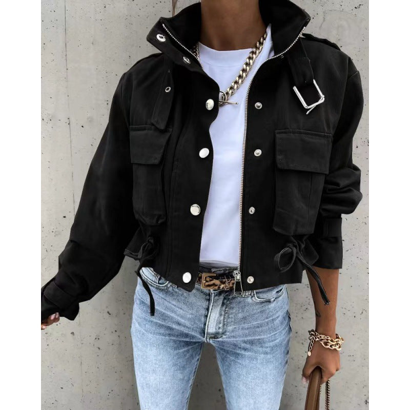 Stand-Up Collar Jacket with Concealed Placket for Women