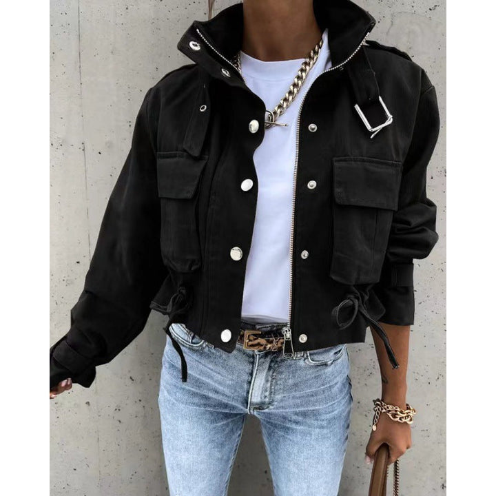 Stand-Up Collar Jacket with Concealed Placket for Women