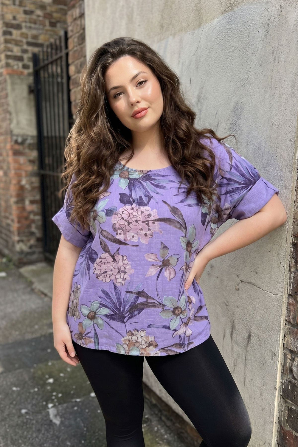 Tropical Floral Print Tunic Cotton Top for Women - Lilac
