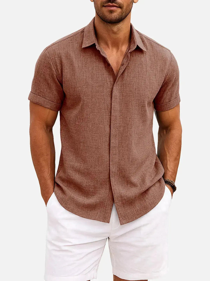 Linen Cotton Blend Short Sleeve Shirt for Men - Brown