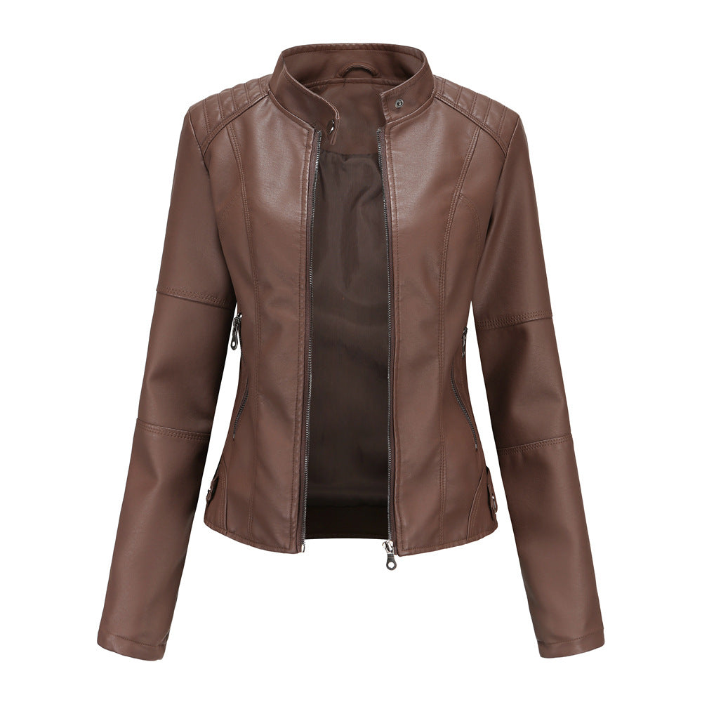 Collarless Biker Jacket in Genuine Leather for Women