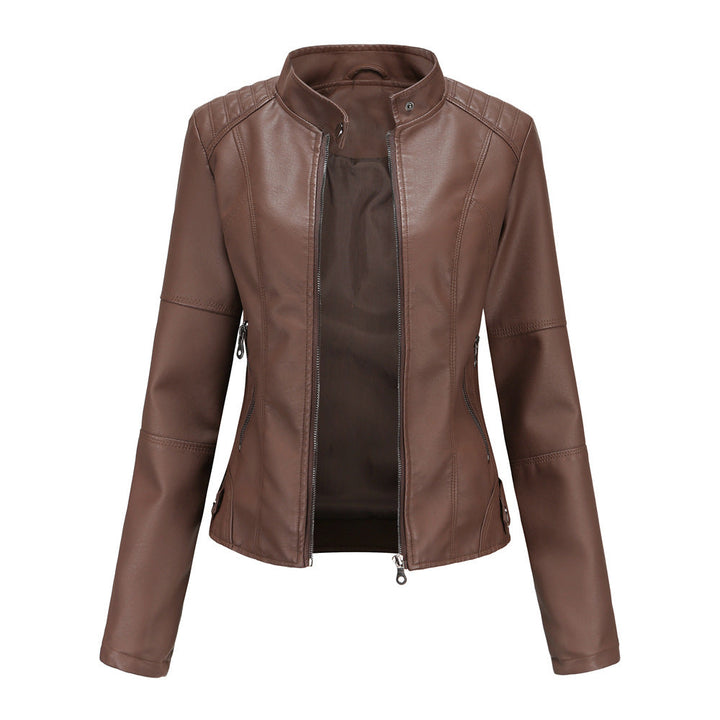 Collarless Biker Jacket in Genuine Leather for Women