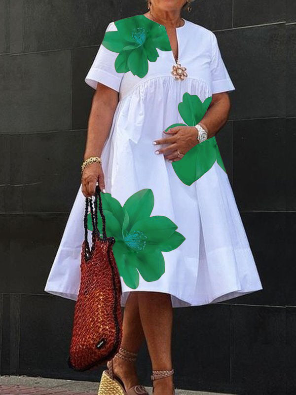 A-Line Loose Flower Print Pleated V-Neck Midi Dresses for Women - Green