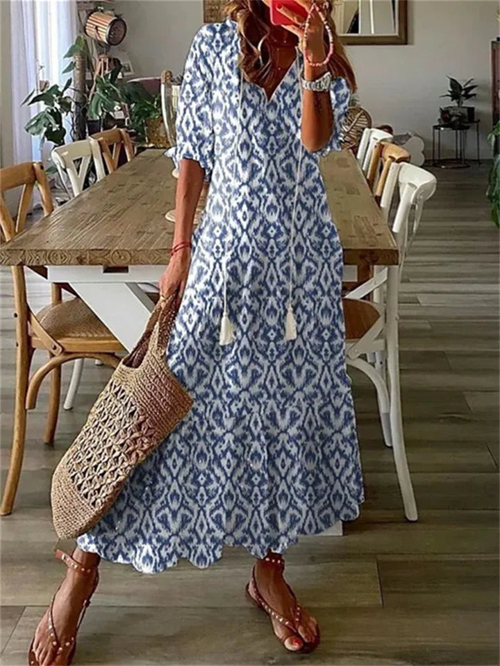 Floral V-Neck Maxi Dress with a Fluid Skirt for Women