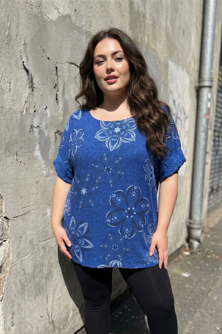 Abstract Floral Print Tunic Cotton Top for Women - Royal Blue