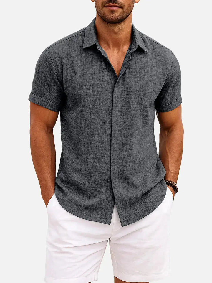 Linen Cotton Blend Short Sleeve Shirt for Men - Dark Grey