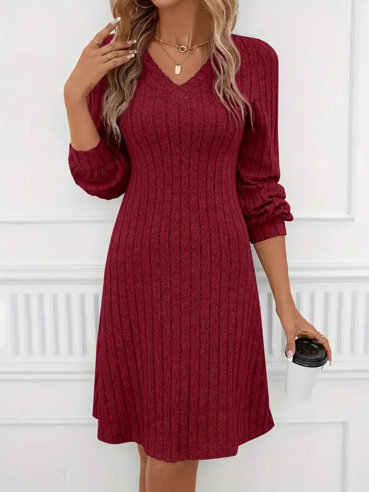 V-Neck Ribbed Knit Dress in a Figure-Skimming Cut