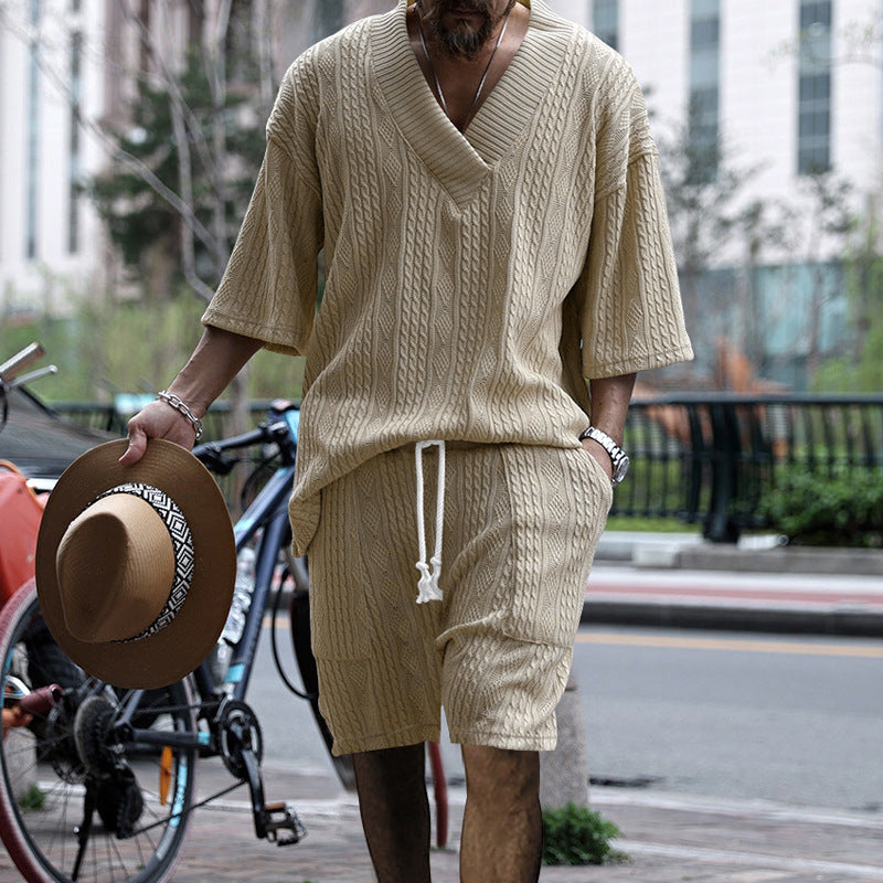 Jacquard V-Neck T-Shirt and Drawstring Shorts Set for Men - Khaki