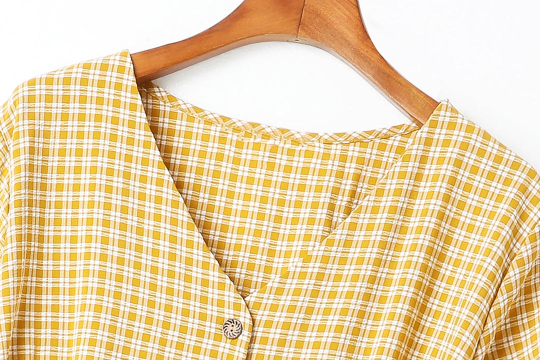 Catherine Plus Size Checks Print V Neck Buttons Waist Bow Tie Swing Shor... — gallery