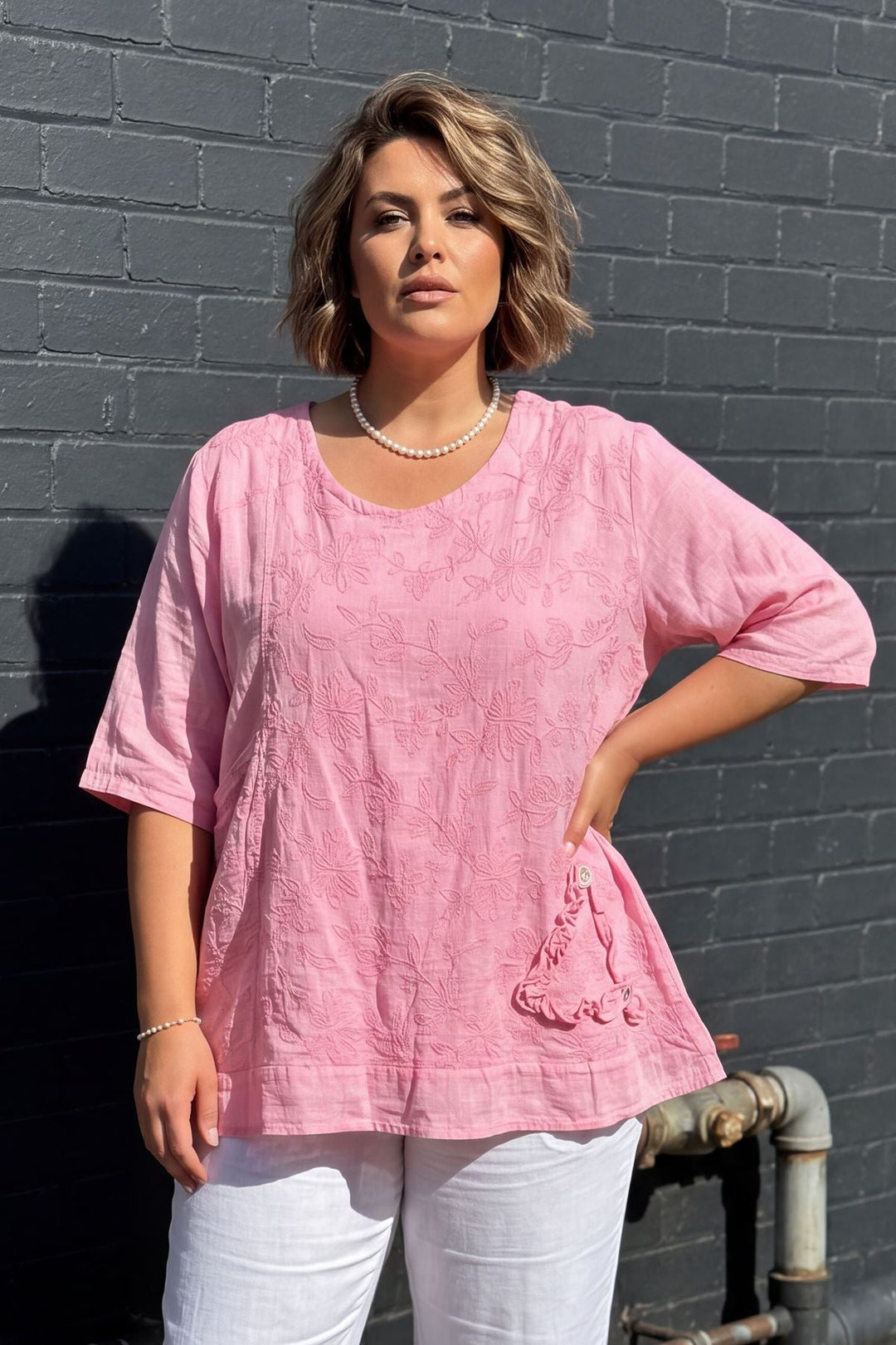 Floral Embroidered Pattern Front Pocket Cotton Top for Women - Baby Pink