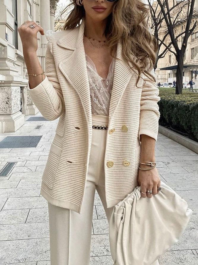 Beige Tailored Blazer with Golden Buttons for Women