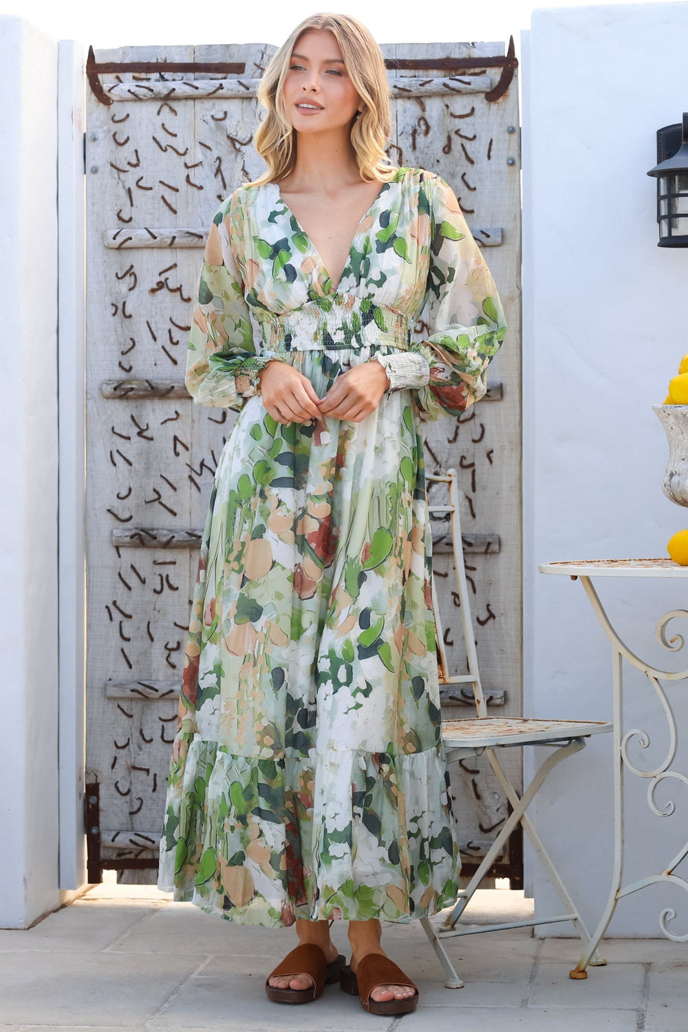 Celita Maxi Dress - Deep V Neck Dress with Flowing Balloon Sleeves in Ka... — gallery