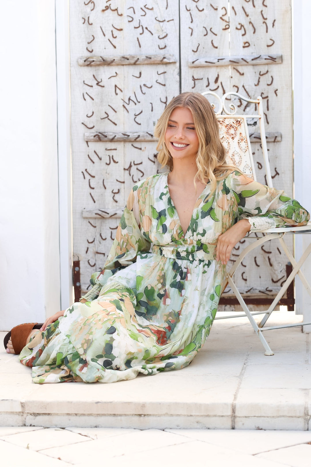 Celita Maxi Dress - Deep V Neck Dress with Flowing Balloon Sleeves in Ka... — gallery