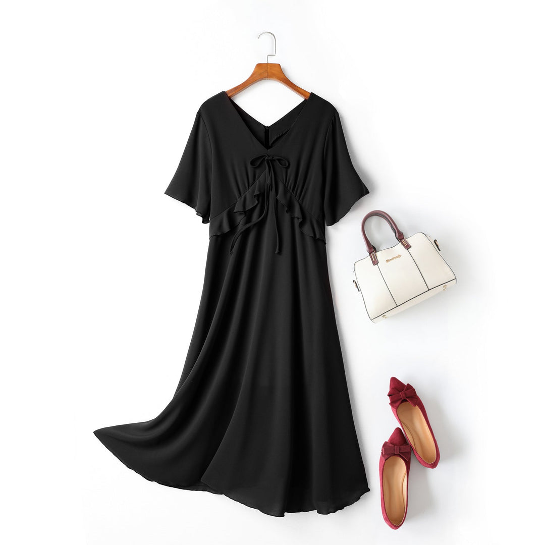 Cella Plus Size V Neck Ribbon Swing Short Sleeve Midi Dress — gallery