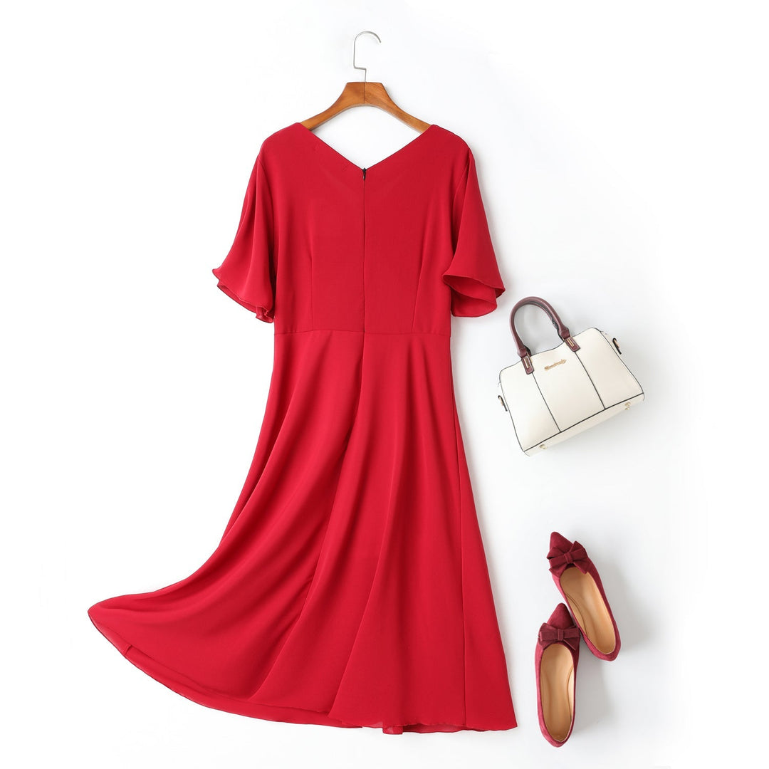 Cella Plus Size V Neck Ribbon Swing Short Sleeve Midi Dress — gallery