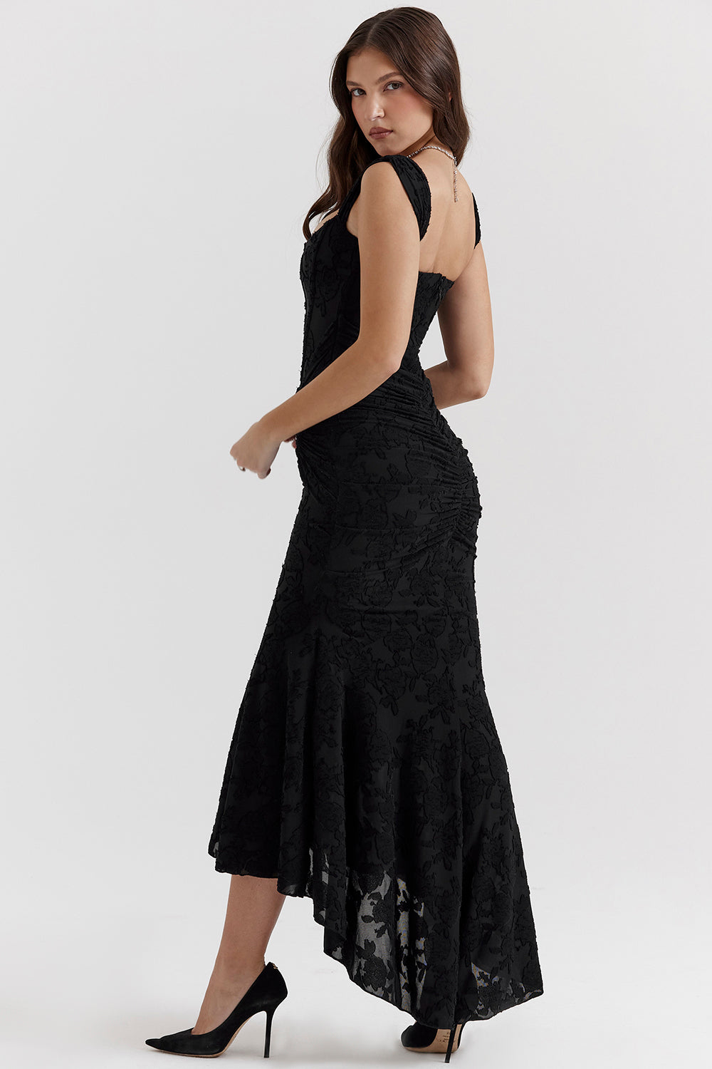 Stretch Jersey Floral Midi Dress with Gathered Waist