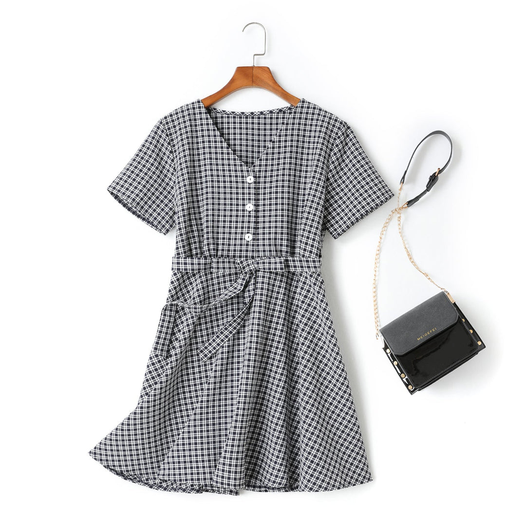 Claire Plus Size Checks Print V Neck Buttons Waist Bow Tie Swing Short S...