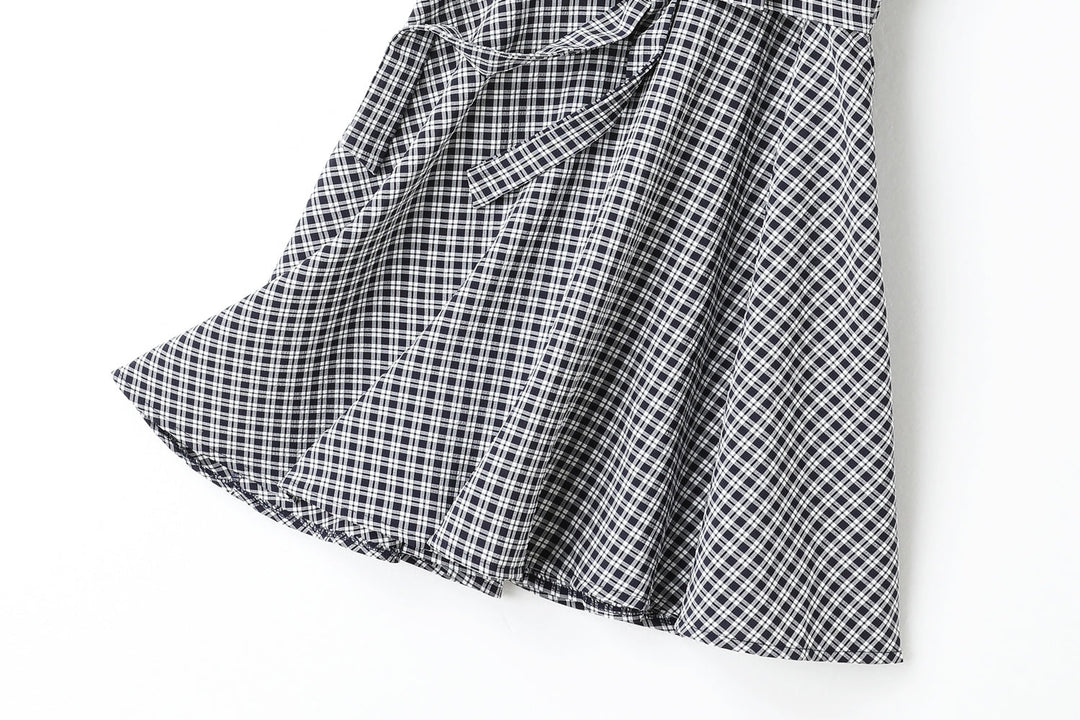 Claire Plus Size Checks Print V Neck Buttons Waist Bow Tie Swing Short S... — gallery