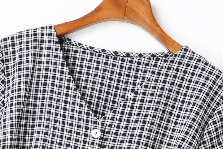Claire Plus Size Checks Print V Neck Buttons Waist Bow Tie Swing Short S... — gallery
