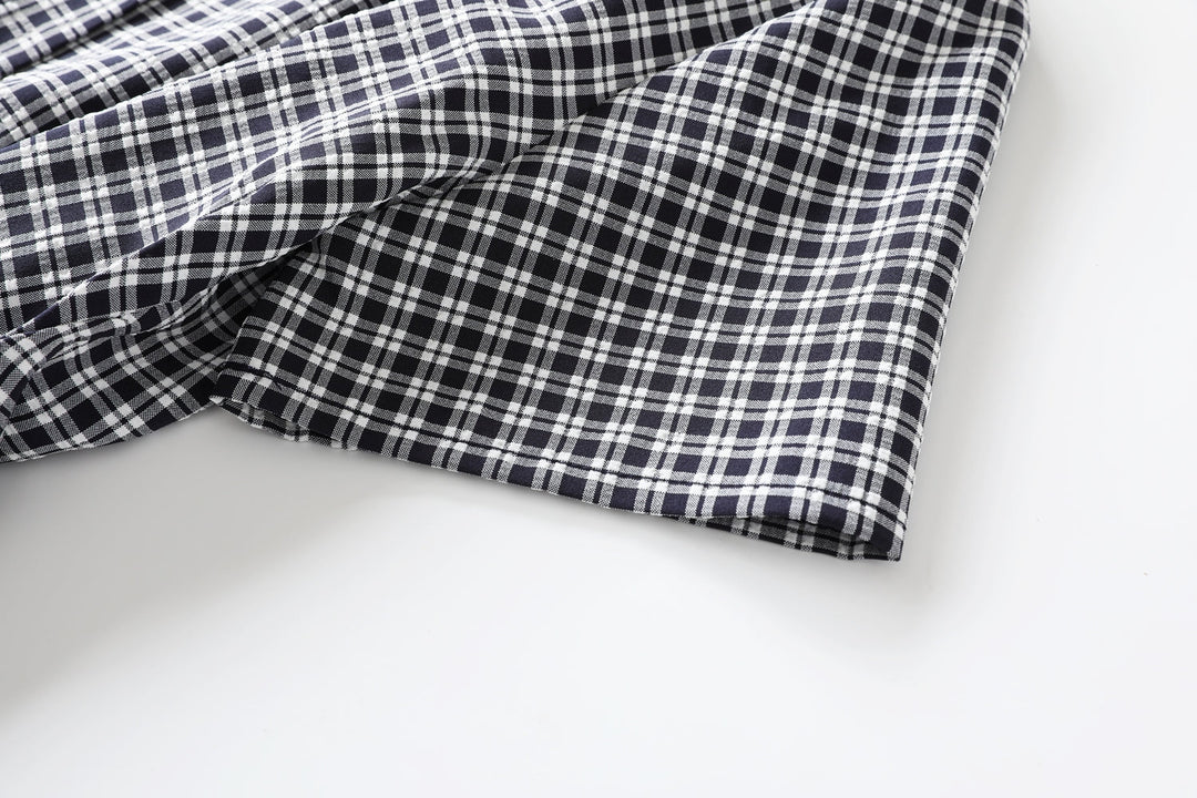 Claire Plus Size Checks Print V Neck Buttons Waist Bow Tie Swing Short S... — gallery