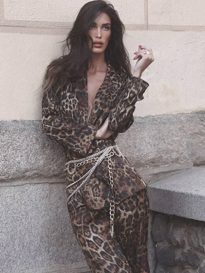 Leopard Print Blazers Outfit Straight Leg Pants Sets Trousers for Women - gallery