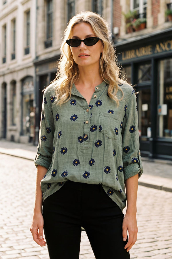 Daisy Flower Print Tunic Cotton Top — Khaki