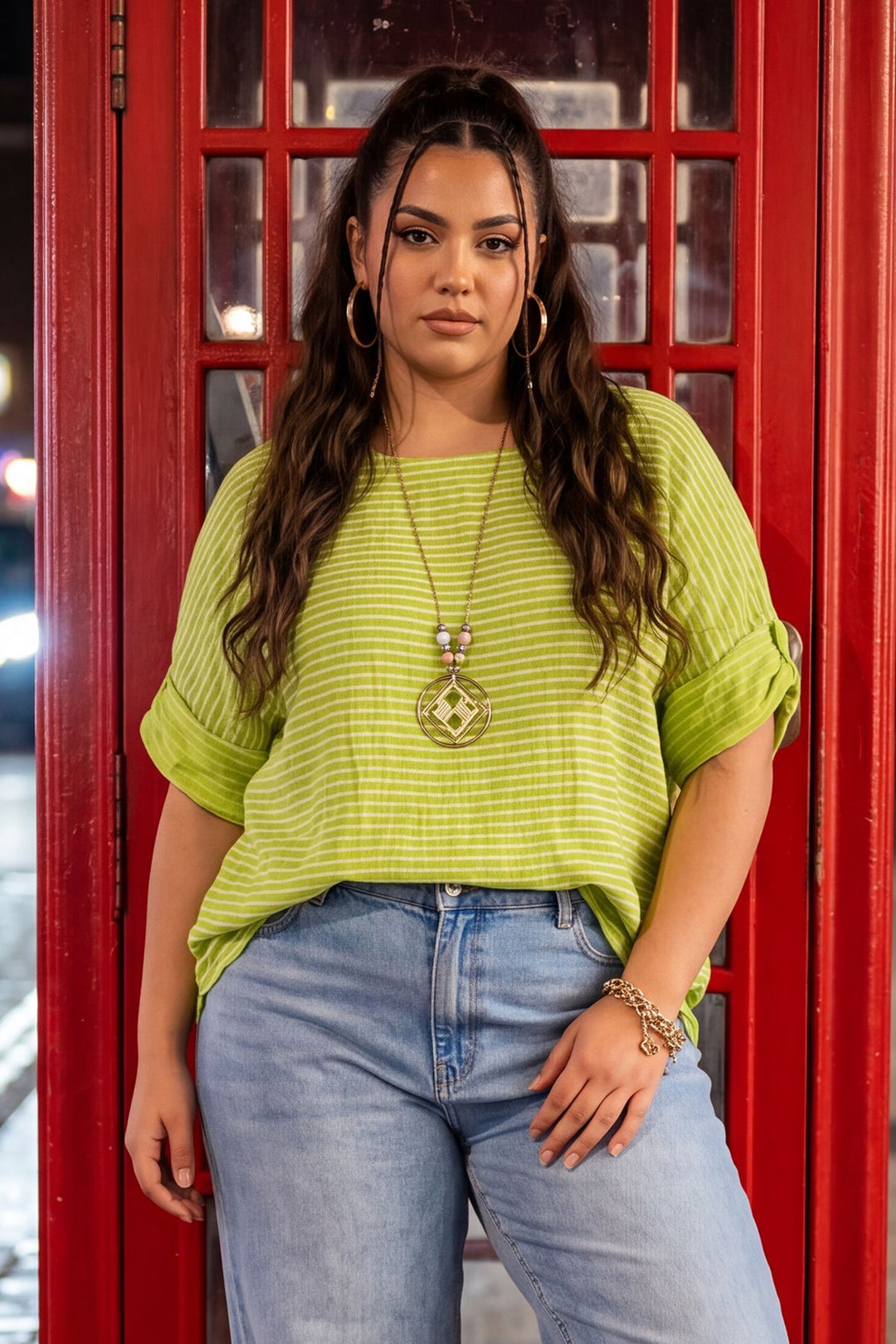 Stripe Print Oversized Tunic Cotton Top for Women - Lime Green