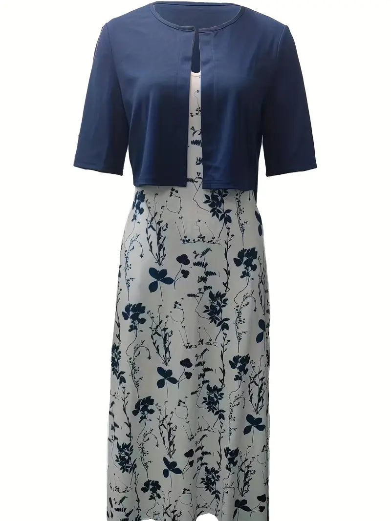 Floral Two-Piece Set with Crop Top and Round Neck Dress