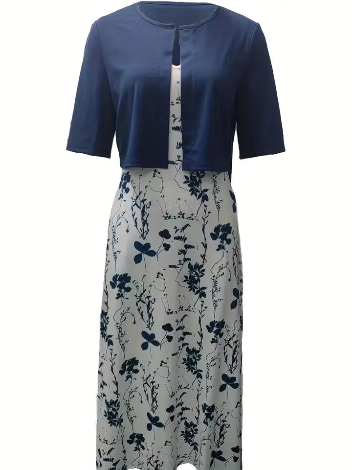 Floral Two-Piece Set with Crop Top and Round Neck Dress