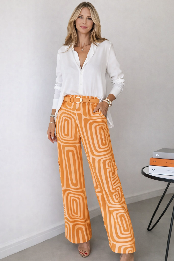 White Printed Blouse and Wide-Leg Trousers Two-Piece Set