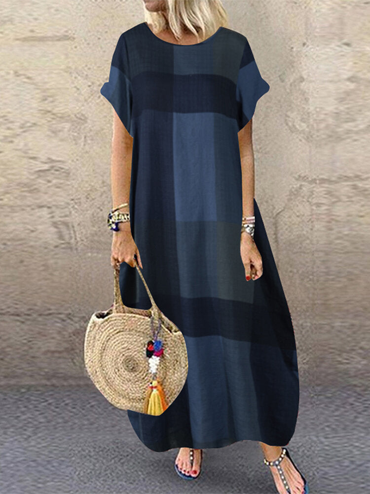 Plaid Short Sleeve Crew Neck Pocket Baggy Vintage Long Maxi Dress for Women - Blue