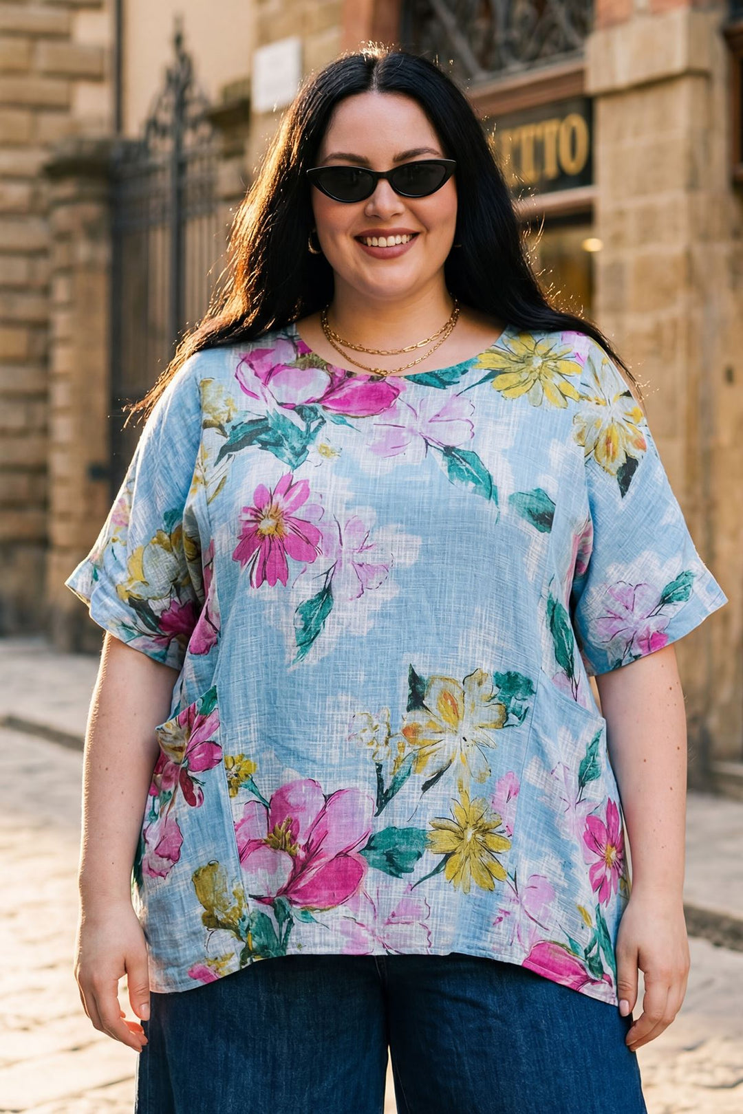Floral Print Two Front Patch Pockets Oversized Cotton Top — Sky Blue