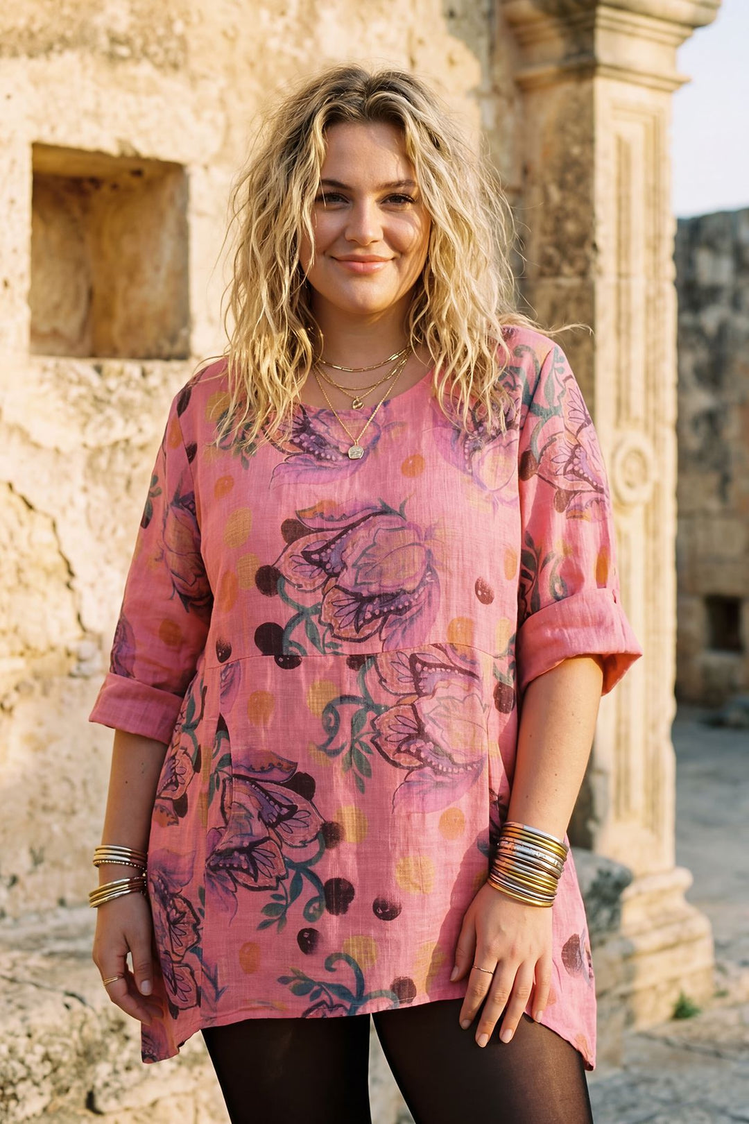 Floral Print Flowy Hem Oversized Cotton Top — Coral