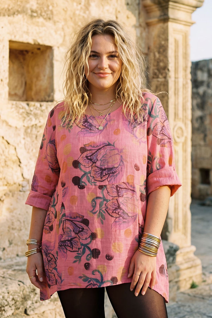 Floral Print Flowy Hem Oversized Cotton Top — Coral
