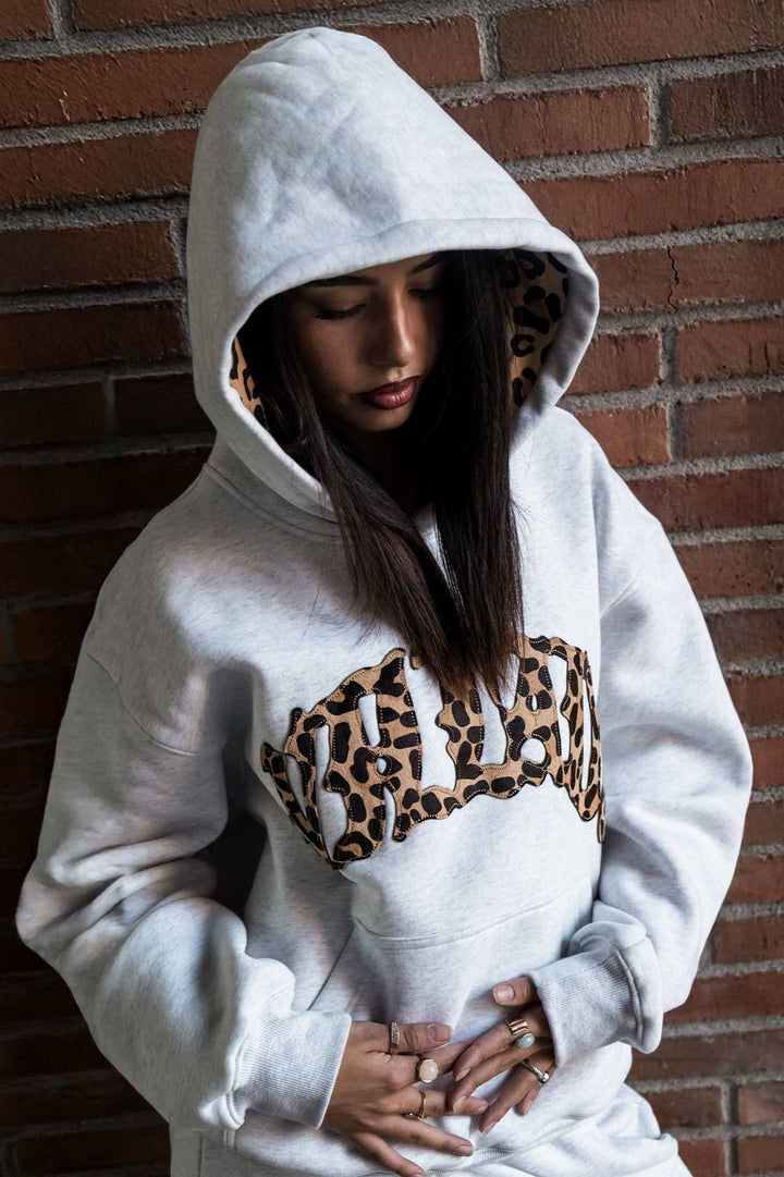 Leopard Lined Embroidered Letter Hoodie for Women