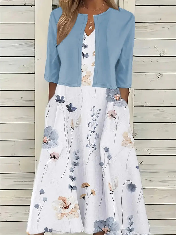 Floral Two-Piece Set with Crop Top and Round Neck Dress