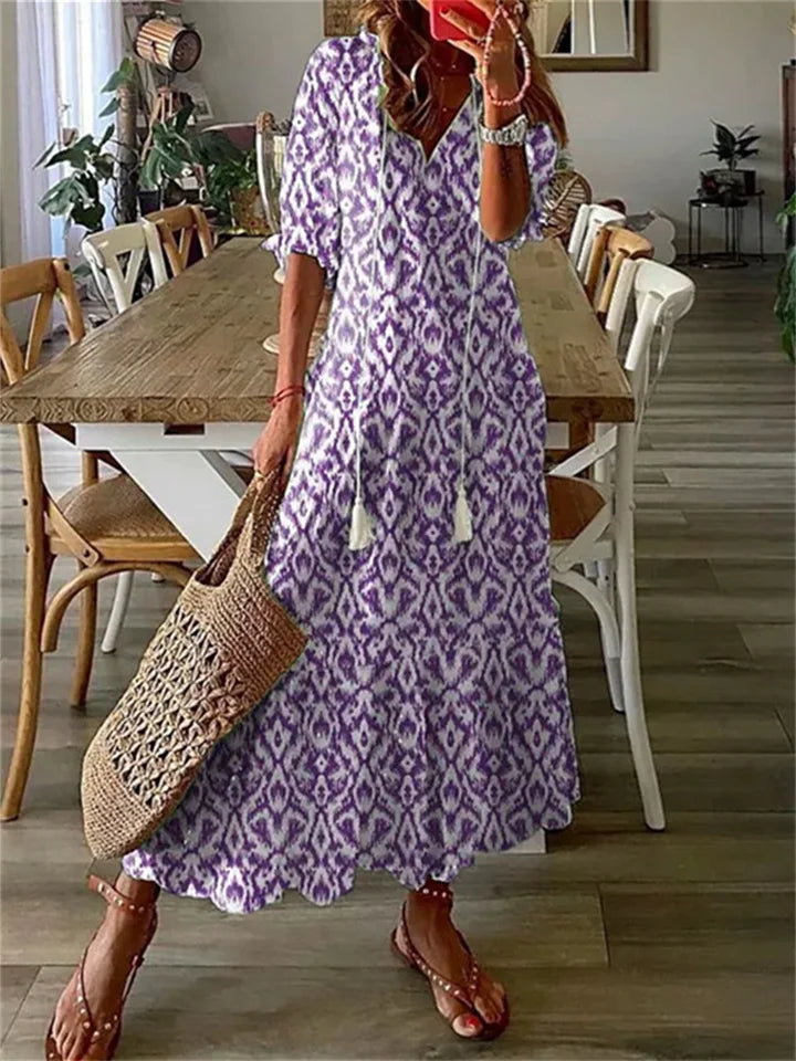 Floral V-Neck Maxi Dress with a Fluid Skirt for Women