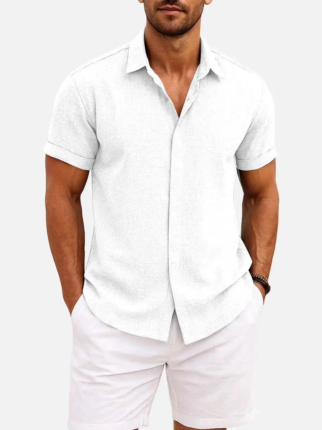 Linen Cotton Blend Short Sleeve Shirt for Men - White