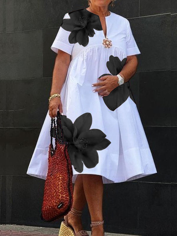 A-Line Loose Flower Print Pleated V-Neck Midi Dresses for Women - gallery