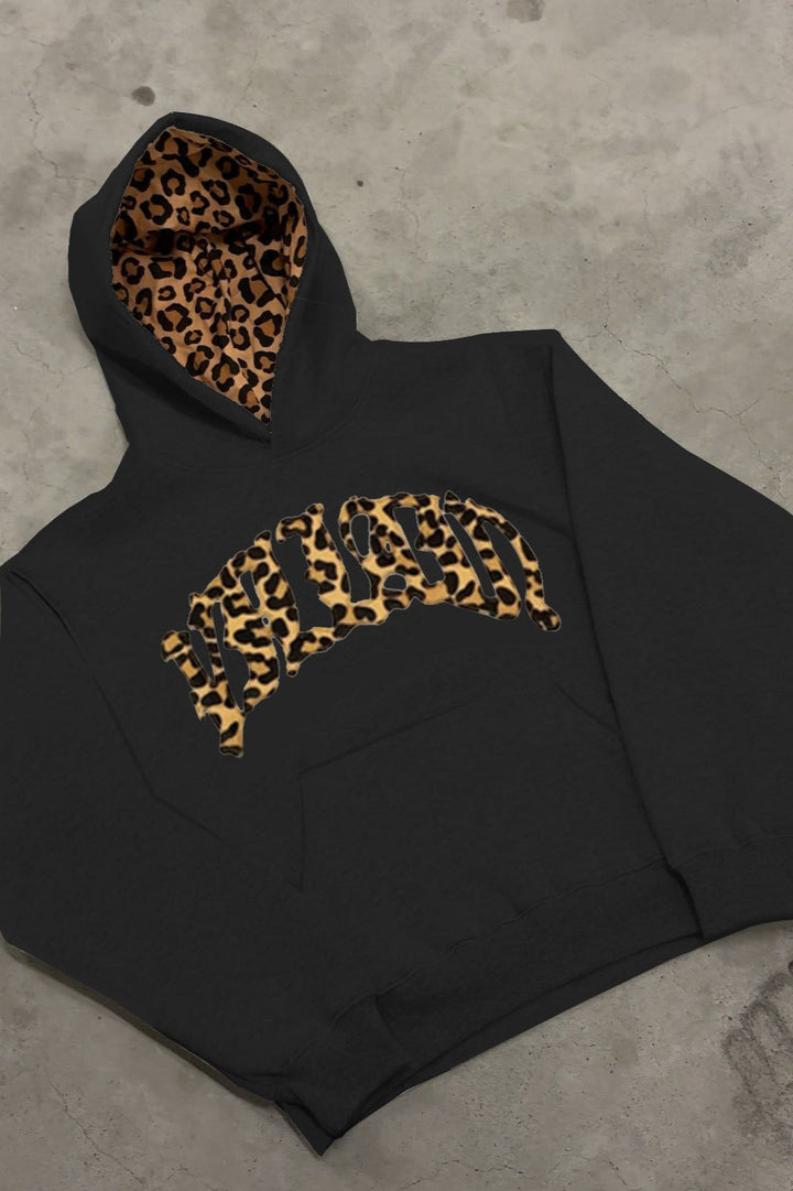 Leopard Lined Embroidered Letter Hoodie for Women - Black