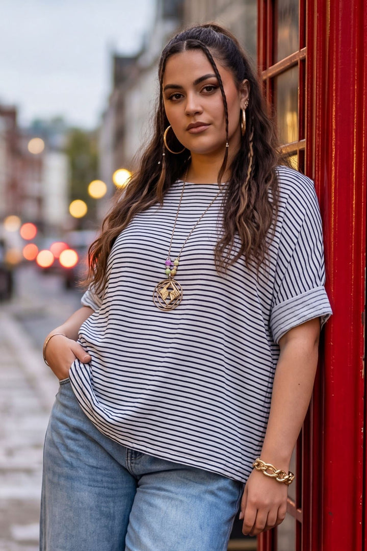 Stripe Print Oversized Tunic Cotton Top for Women - Navy Blue