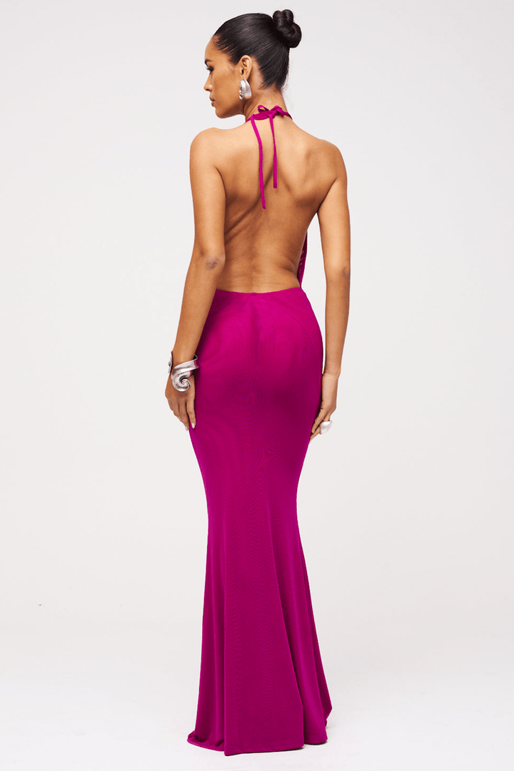 Deep Cowl Neck Maxi Dress In Fuchsia — gallery