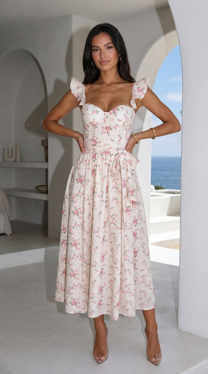 Florienne Floral Corset Flutter Midi Dress - Ivory — gallery