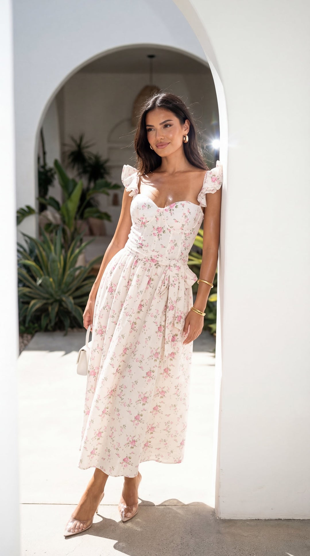 Florienne Floral Corset Flutter Midi Dress - Ivory — gallery