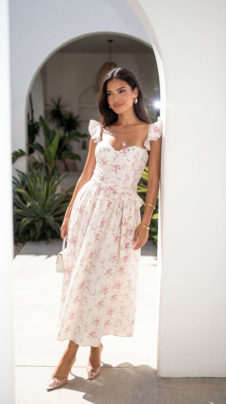 Florienne Floral Corset Flutter Midi Dress - Ivory — gallery