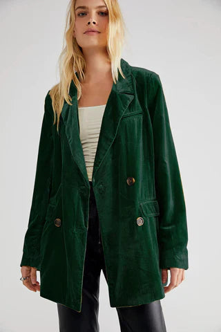 Long-Sleeve Velvet Blazer with Button Fastening