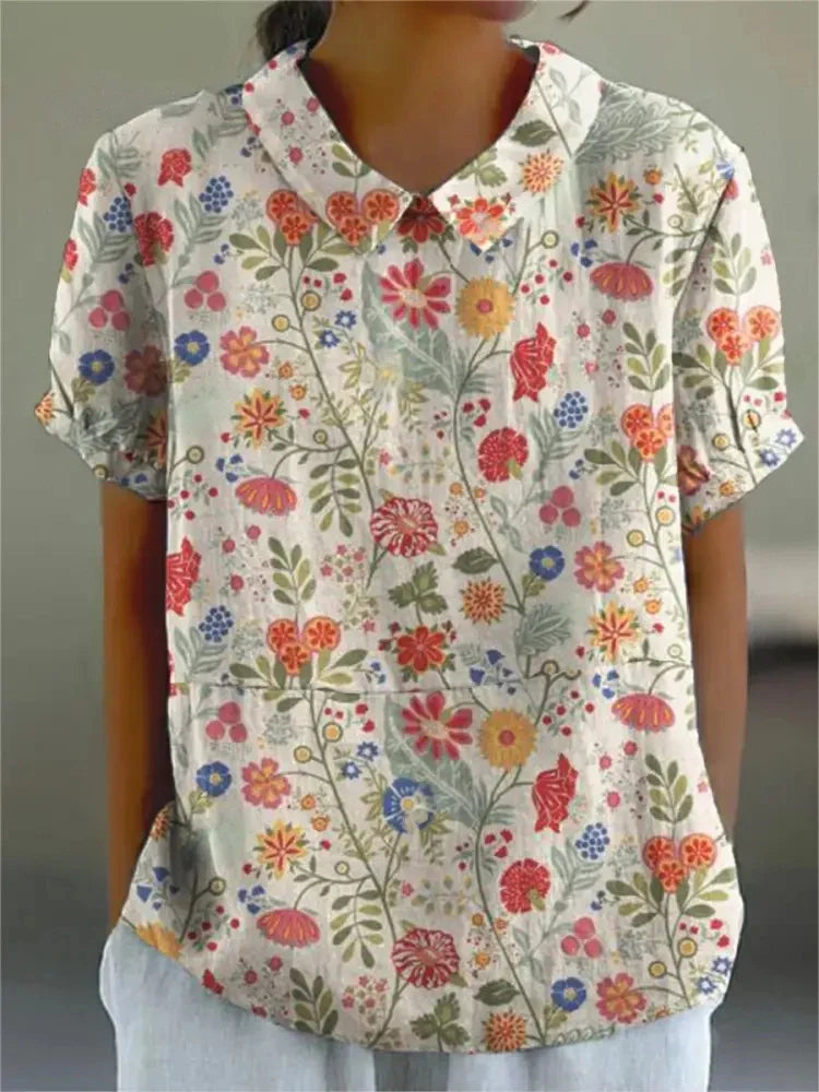 Short-Sleeve Floral Print Cotton Blouse for Women