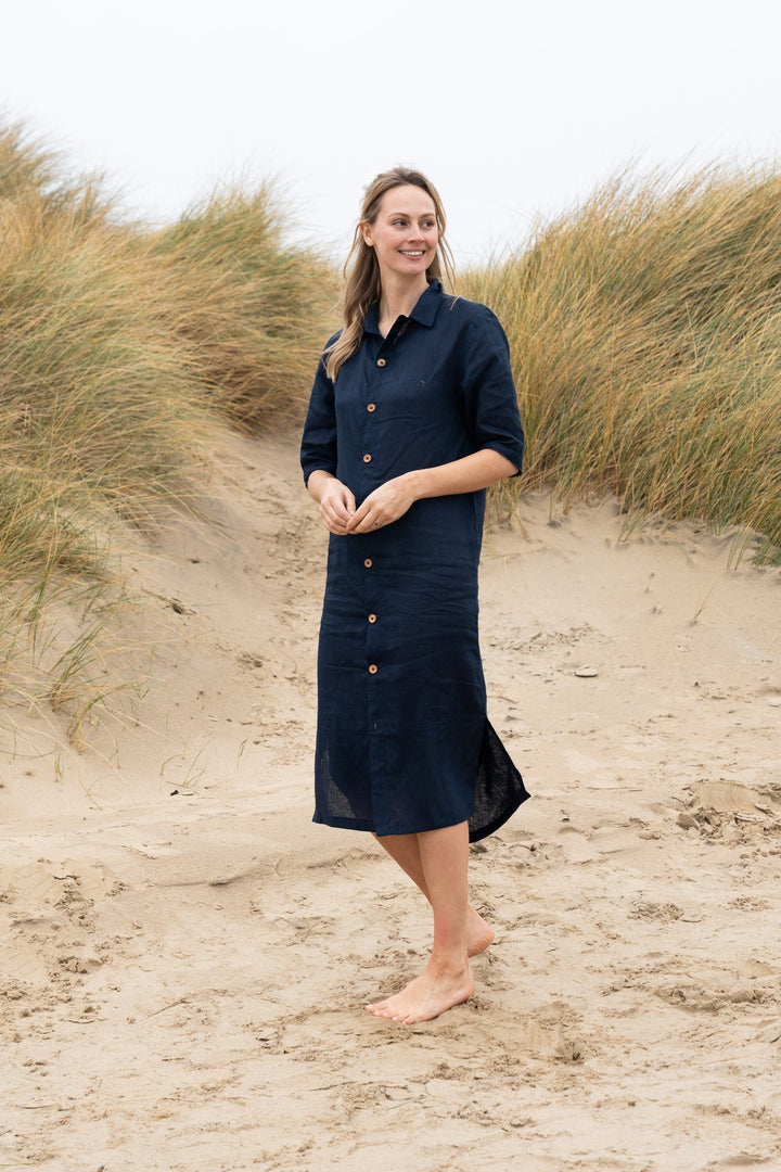 Dollie Linen Shirt Dress | Linen Shirt Dress — Midnight Blue