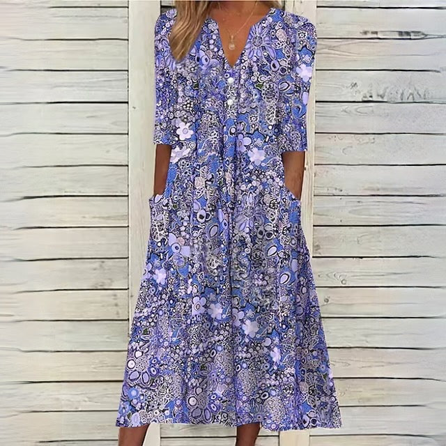 Floral Blossom Print Midi Dress in Warm Beige for Women
