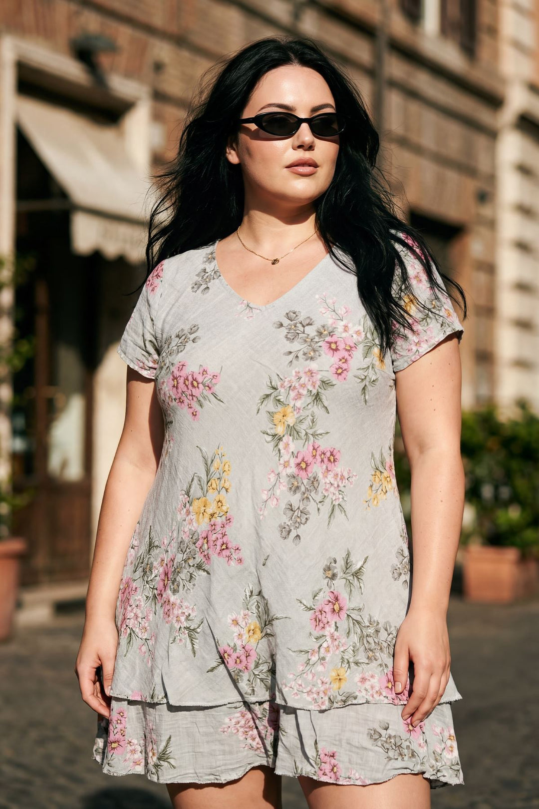 Floral Print Layered Hem Cotton Dress — Grey